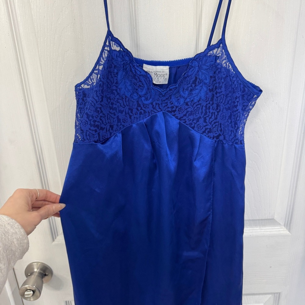 Vintage Val Mode Royal Blue Wrap Silky Night Dress Lacy See Measurements